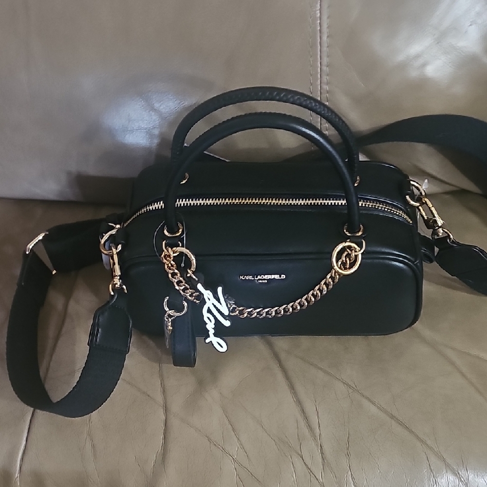 Karl Lagerfeld Black Faux-Leather Crossbody with Gold Chain Trim